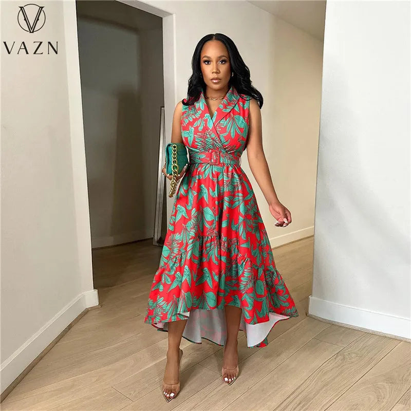 VAZN 2023 Fashion Hot Sale Women New Street Casual Style Long Dress Sleeveless Lapel Dress Printed Lady Ankle Length Dress