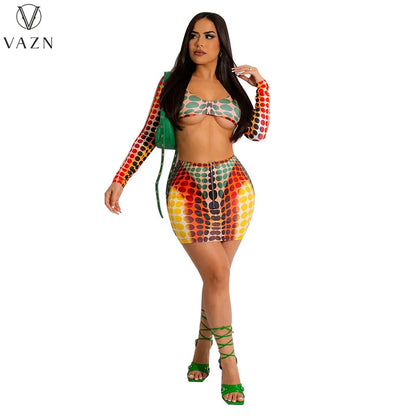 VAZN 2023 Hot Sale Sexy Street Style Women Sets Long Sleeve Deep V Short Top Elastic Mini Short Skirt Printed Lady Sets