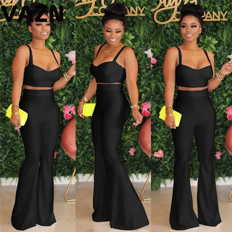 VAZN New 2020 Summer Sexy Club Birthday Outfits Solid Sleeveless Wide Leg Two Piece Set Elegant Sexy Lady Set