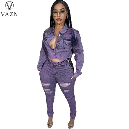 VAZN 2023 Autumn Winter High-end Denim Set Retro Casual Full Sleeve + Long Hollow Out Pencil Skinny Pants Women 2 Piece Set