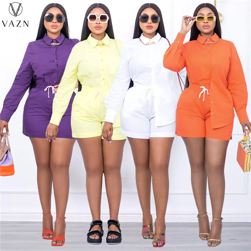 VAZN New 2022 Ladies Spring Fashion Street Girl Style Women Suit Long Sleeve Lapel Shirt Elastic Short Pants Pure Color Set