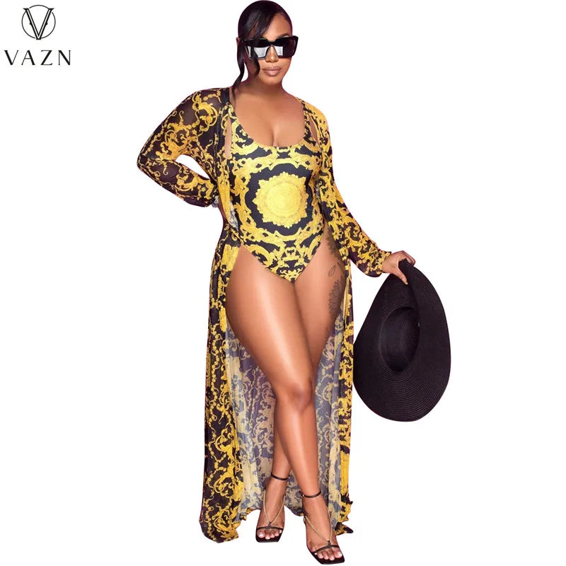 VAZN 2022 Fashion New Women Sexy Beach Style Sets Sleeveless Jumpsuits Short Pants Long Outwear Printed Two Piece Sets