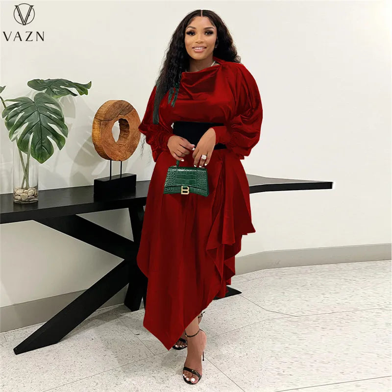 VAZN 2022 Fashion Street Girl Style Women Suit Long Sleeve Round Neck Top Elastic Mid Long Skirt Lady Pure Color 2 Piece Set