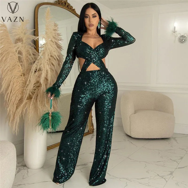 VAZN New 2023 Fashion Sexy Street Style Women Suit Long SleeveV Neck Short Top Elastic Long Pants Pure Color Two Piece Sets