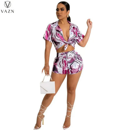 VAZN 2022 Women Street Casual Style Sets Short Sleeve Lapel Shirt Elastic Short Pants Printed Lady Two Piece Set