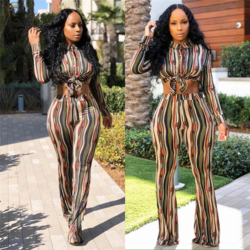 VAZN 2023 New Fashion Lady Casual Street Style 2 Piece Sets Long Sleeve Lapel Top Elastic Long Pants Printed Women Sets