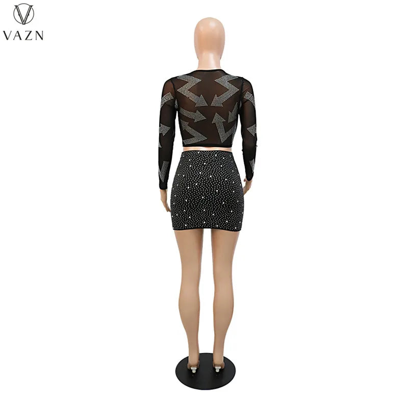 VAZN Hot Drilling 2022 Sexy Club Style Women Suit Long Sleeve Round Neck Short Top Elastic Mini Short Skirt Two Piece Sets