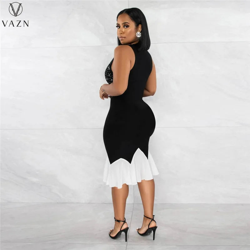 VAZN 2023 High Street Style Women Mid Long Dress Printed Lady  Long Dresses Hot Sale Sleeveless Zipper V Neck Dress