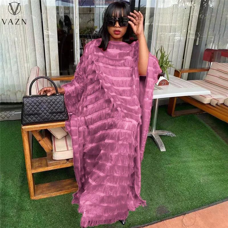 VAZN 2023 Pure Color Lady  Long Dresses Hot Sal Long Sleeve Round Neck Dress High Street Style Women Floor Length Dress