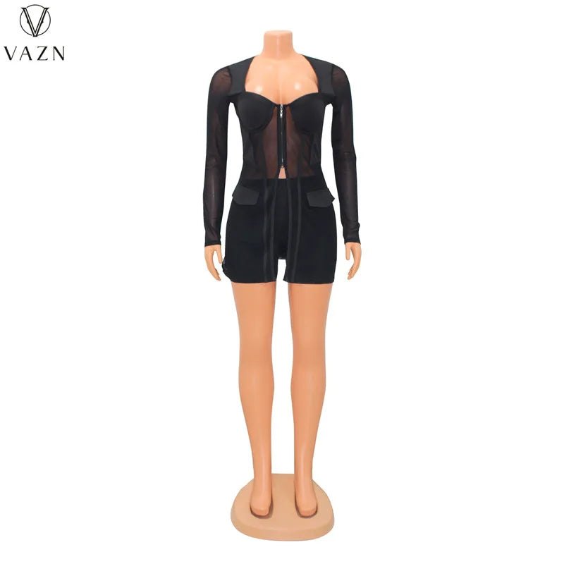 VAZN 2022 New Women Sexy Street Style Sets Long Sleeve Strapless Zipper Top Elastic Short Pants Pure Color 2 Piece Set