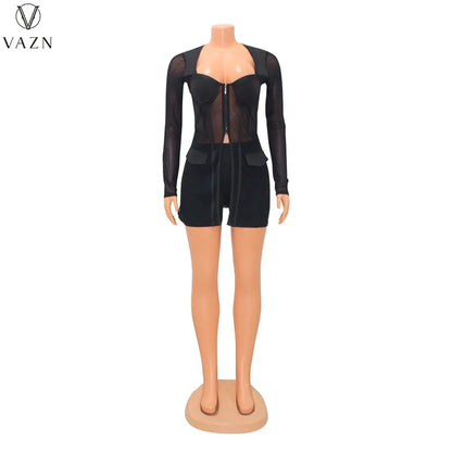 VAZN 2022 New Women Sexy Street Style Sets Long Sleeve Strapless Zipper Top Elastic Short Pants Pure Color 2 Piece Set