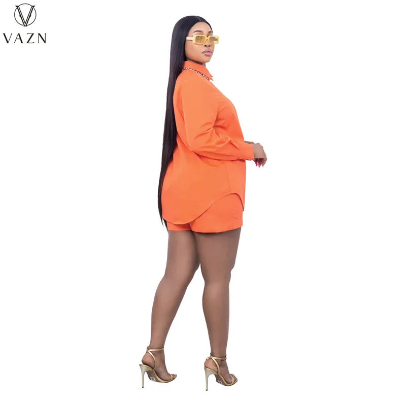 VAZN New 2022 Ladies Spring Fashion Street Girl Style Women Suit Long Sleeve Lapel Shirt Elastic Short Pants Pure Color Set