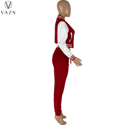 VAZN 2022 Fashion Lady Street Casual Style 2 Piece Sets Long Sleeve Short Top Elastic Long Pants Pure Color Women Suit