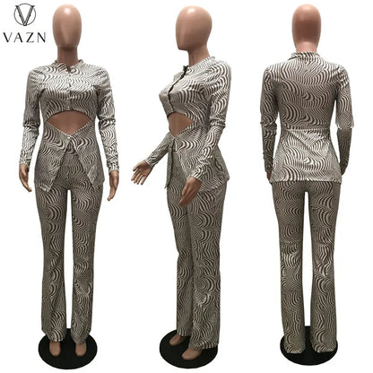 VAZN New 2022 Fashion Casual Street Style Women Suit Long Sleeve Hollow Out Top Elastic Long Pants Printed Lady Two Piece Set