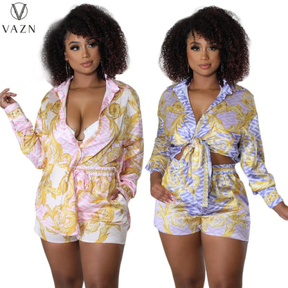 VAZN 2022 New Women Casual Street Style Sets Long Sleeve Lapel Single Breasted Shirt Elastic Short Pants Printed 2 Piece Set