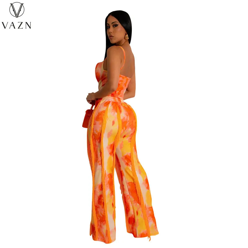 VAZN New 2023 Sleeveless Strapless Jumpsuits Elastic Long Pants Printed Lady Two Piece Set Casual Street Style Women Suit