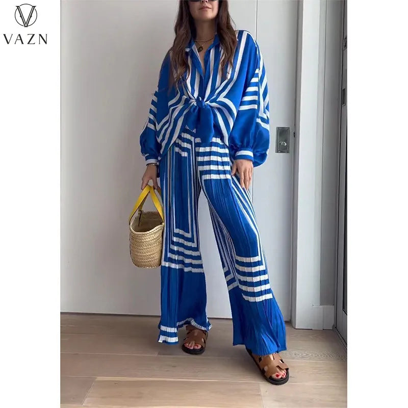 VAZN 2023 New Lady Casual Street Style 2 Piece Sets Long Sleeve Lapel Shirt Elastic Long Pants Printed Women Sets