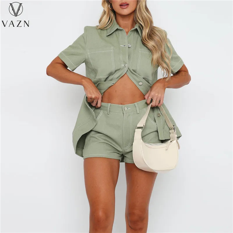 VAZN 2023 Short Sleeve Lapel Top Buttons Pockets Short Pants Pure Color 2 Piece Set New Women Street Casual Style Sets