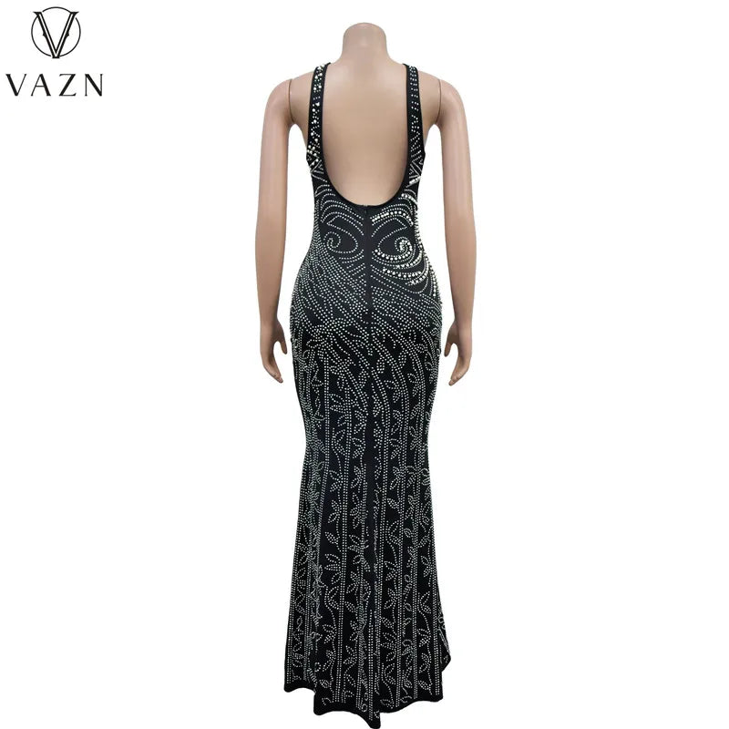 VAZN 2023 New Luxury Designer Young Sexy Club Diamonds Flaring Spaghetti Strap Backless Women High Waist Long Mermaid Dress