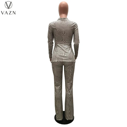 VAZN New 2022 Fashion Casual Street Style Women Suit Long Sleeve Hollow Out Top Elastic Long Pants Printed Lady Two Piece Set