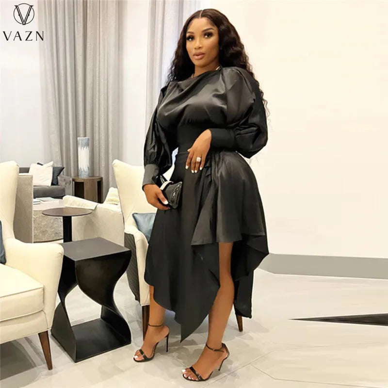 VAZN 2022 Fashion Street Girl Style Women Suit Long Sleeve Round Neck Top Elastic Mid Long Skirt Lady Pure Color 2 Piece Set