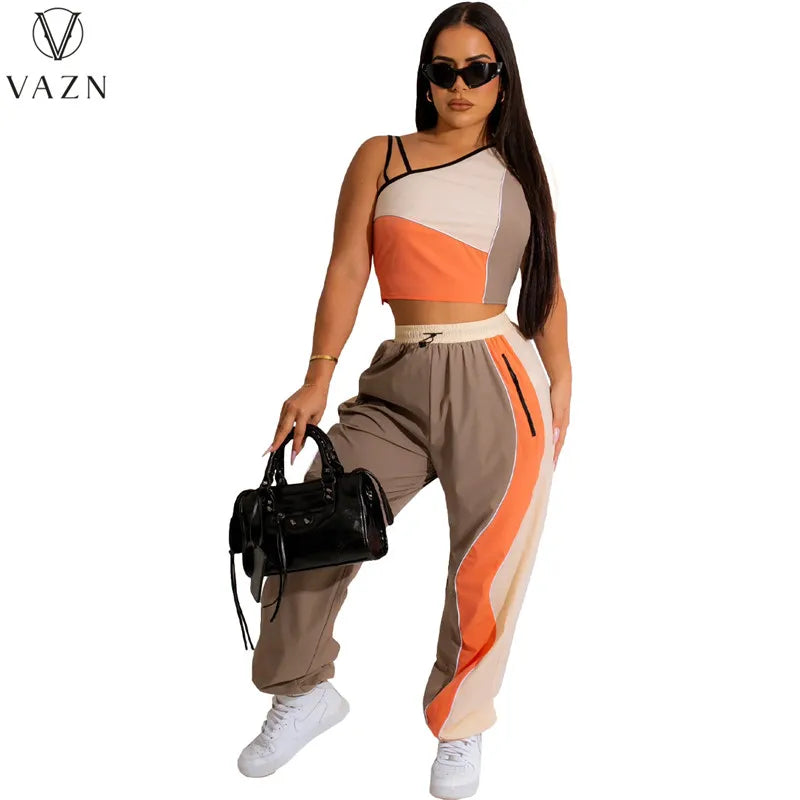 VAZN New 2023 Sleeveless One Shoulder Short Top Elastic Long Pants Printed Lady 2 Piece Set Fashion Casual Street Style