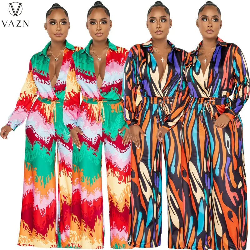 VAZN 2023 New Fashion Casual Street Style 2 Piece Sets Long Sleeve Lapel Shirt Elastic Long Pants Printed Women Set