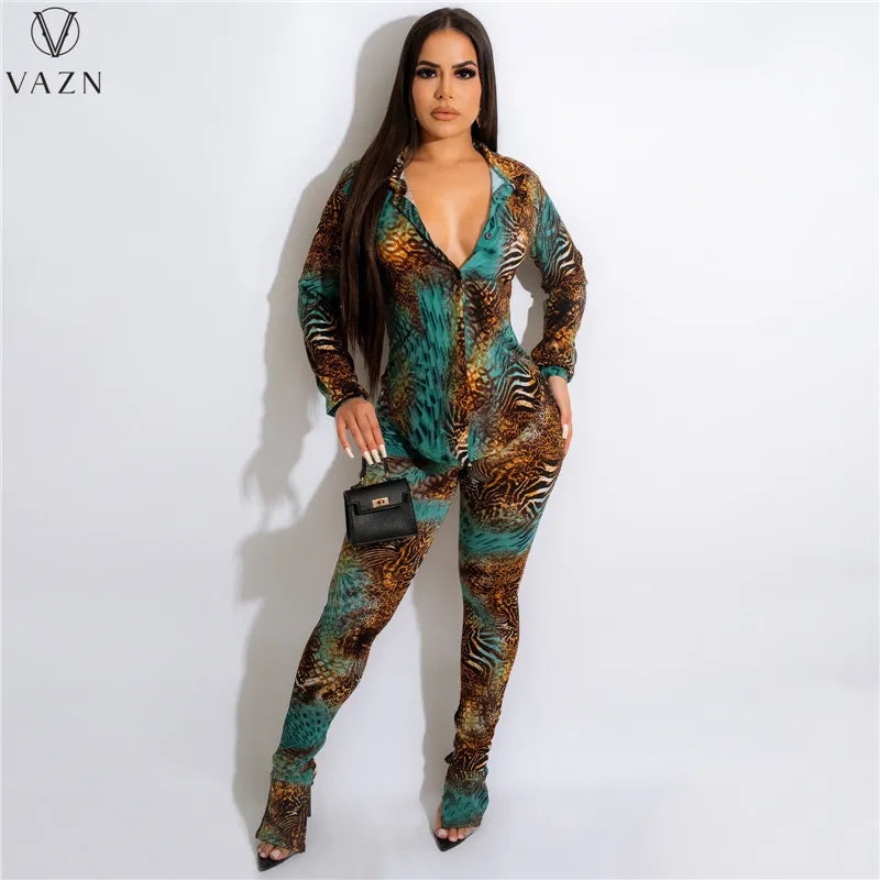 VAZN New 2022 Fashion Casual Street Style Women Suit Long Sleeve Lapel Shirt Elastic Long Pants Printed Two Piece Set