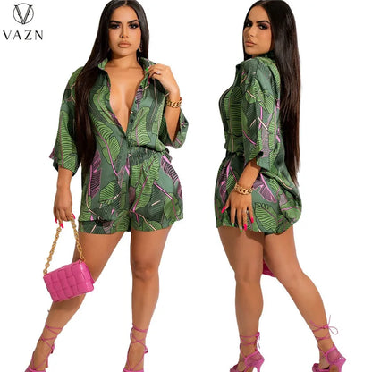 VAZN 2022 Ladies Fashion Street Girl Style Women Suit Long Sleeve Lapel Shirt Elastic Short Pants Printed Two Piece Sets