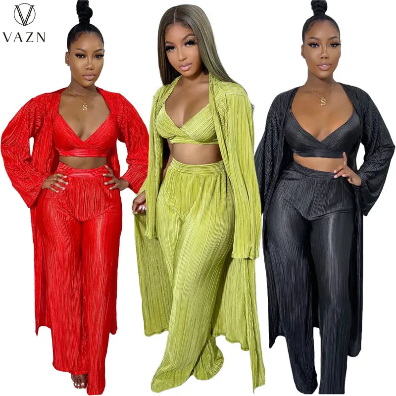 VAZN New 2022 Fashion Casual Street Style Women Suit Long Sleeve Outwear Short Vest Long Pants Pure Color 3 Piece Set