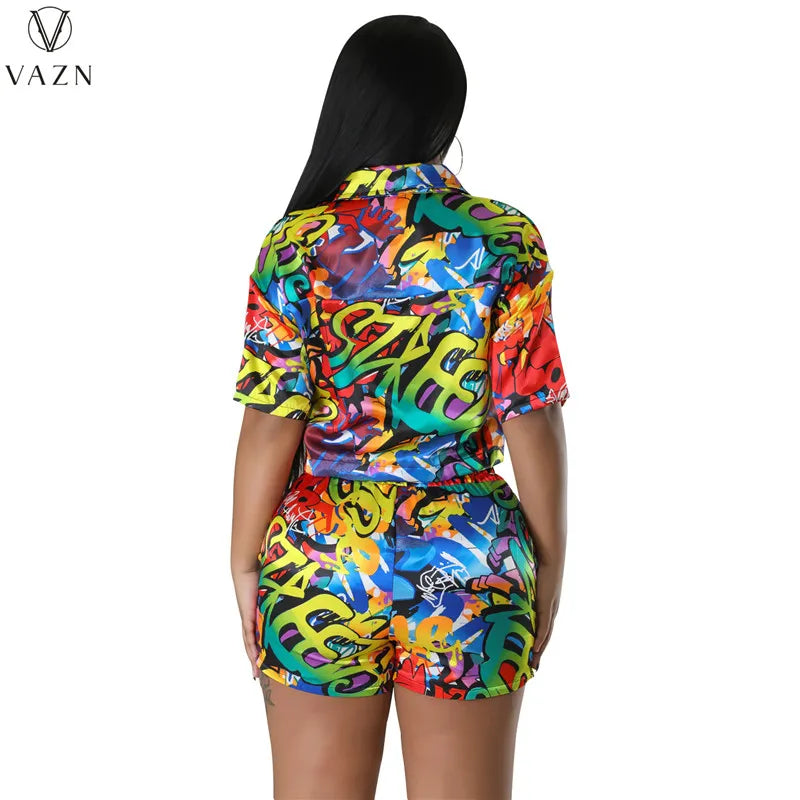 VAZN 2023 Sexy Girl Style Women Sets Short Sleeve Lapel Short Elastic Pockets Short Pants Lady Printed Lady 2 Piece Set