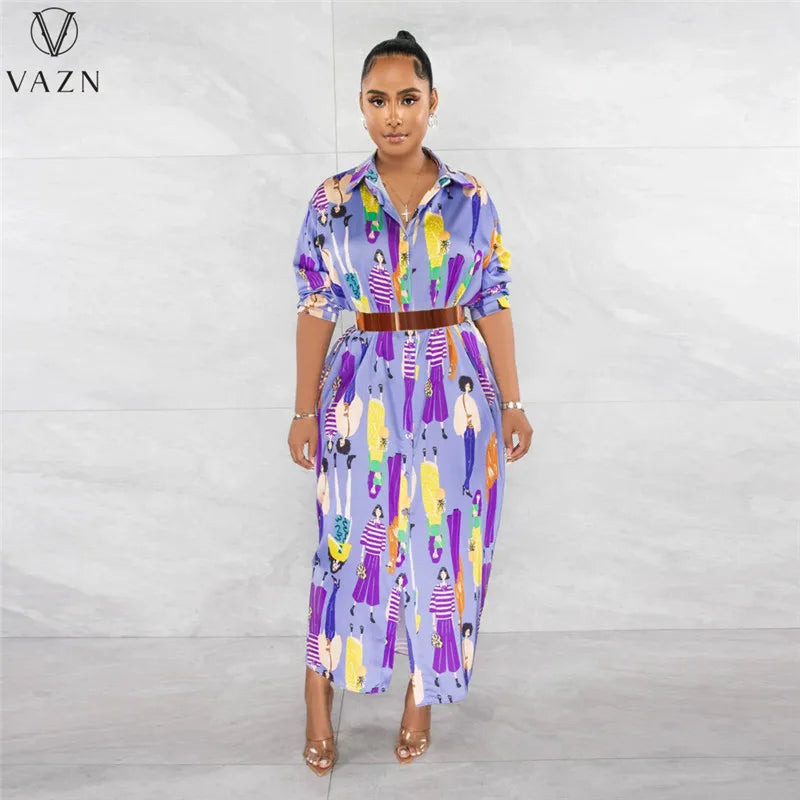 VAZN 2023 Printed Lady Long Dresses Hot Sale Long Sleeve Lapel Dress Casual Street Style Women Floor Length Shirt Dress