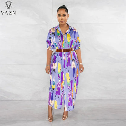 VAZN 2023 Printed Lady Long Dresses Hot Sale Long Sleeve Lapel Dress Casual Street Style Women Floor Length Shirt Dress