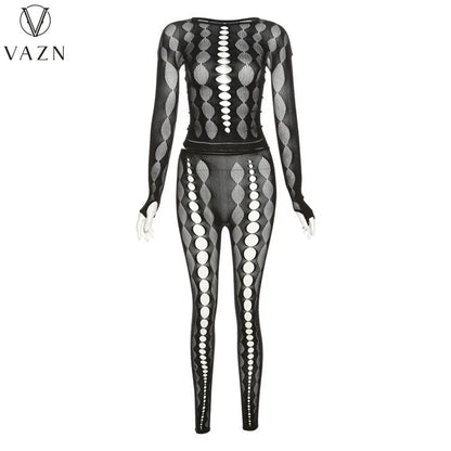 VAZN 2023 New Arrival Young Black See Through Lace Round Neck Full Sleeve High Waist + Long Pencil Pant Women 2 Piece Set