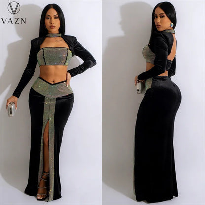 VAZN 2022 Hot Drilling Sexy Club Party Style Women Suit Long Sleeve Dew Waist Top Floor Length Skirt Lady Pure Color 2 Piece Set