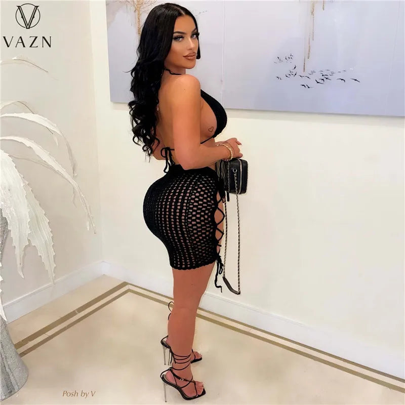 VAZN 2022 Fashion New Sexy Club Party Style Women Suit Sleeveless Short Top Elastic Mini Short Skirt Hollow Out 2 Piece Sets