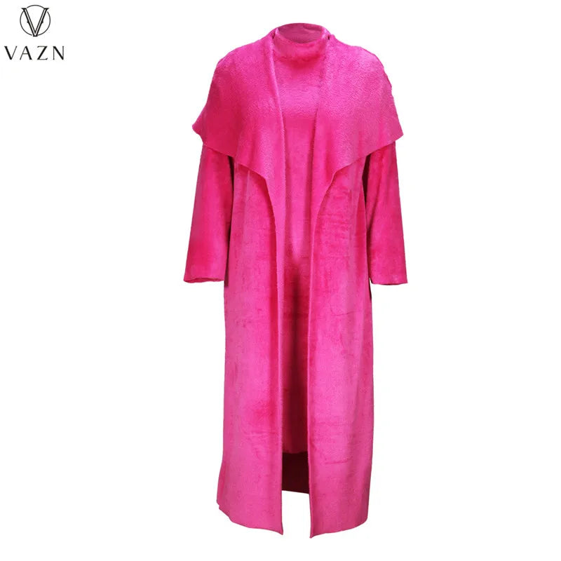 VAZN 2022 Fashion New High Street Style Women Suit Sleeveless Mid Long Dress Long Sleeve Long OutwearPure Color Two Piece Set