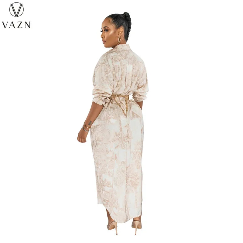 VAZN 2023 Printed Lady Long Dresses Hot Sale Long Sleeve Lapel Dress Casual Street Style Women Floor Length Shirt Dress