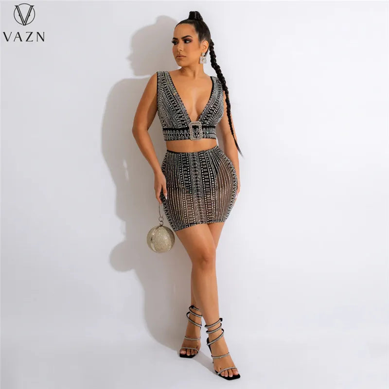 VAZN 2022 Hot Sale Sexy Club Party Style Women Sets Sleeveless V Neck Short Top Elastic Mini Short Skirt Lady Two Piece Set