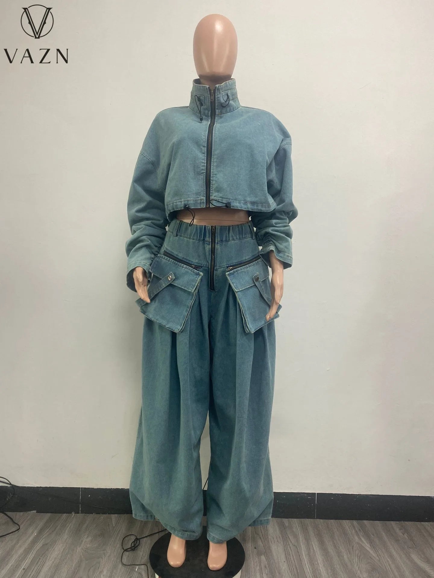 VAZN 2023 Hot Popular Denim Loose Set Solid Young Lazy High-end Full Sleeve Safari Style + Long Wide Leg Pants Women 2 Piece Set