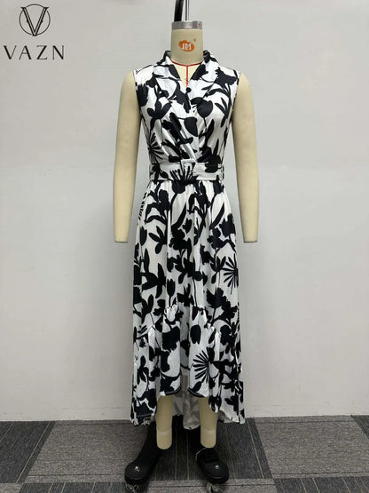 VAZN 2023 Fashion Hot Sale Women New Street Casual Style Long Dress Sleeveless Lapel Dress Printed Lady Ankle Length Dress