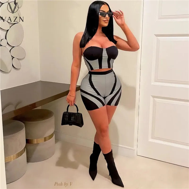 VAZN 2023 Street Girl Style Women Sets Sleeveless Strapless Short Top Elastic Short Pants Lady Printed Lady Two Piece Set