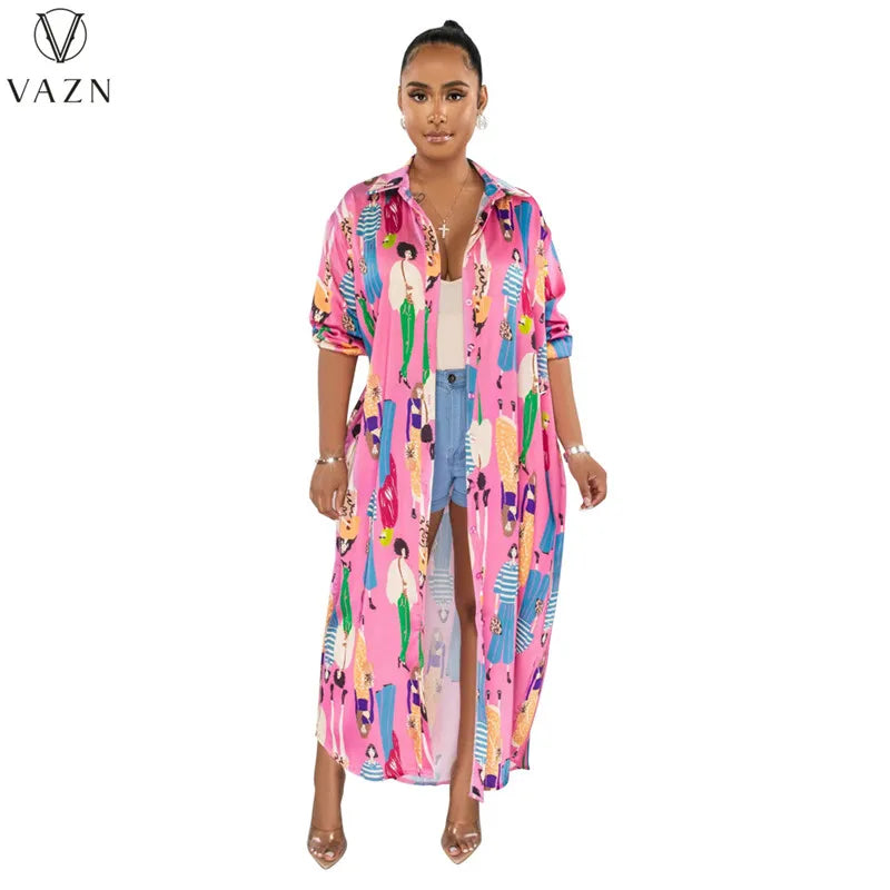 VAZN 2023 Printed Lady Long Dresses Hot Sale Long Sleeve Lapel Dress Casual Street Style Women Floor Length Shirt Dress