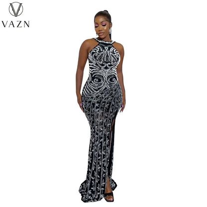 VAZN 2023 New Luxury Designer Young Sexy Club Diamonds Flaring Spaghetti Strap Backless Women High Waist Long Mermaid Dress