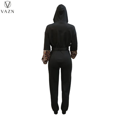 VAZN 2023 New Fashion Lady Casual Street Style 2 Piece Sets Long Sleeve Zipper Top Elastic Long Pants Leopard Grain Women Sets