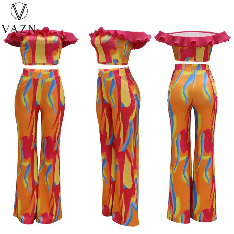 VAZN New 2023 Short Sleeve Card Shoulder Top Elastic Long Pants Printed Lady 2 Piece Set Fashion Casual Street Style Women Suit