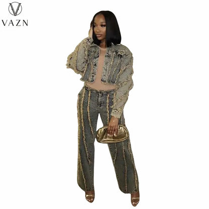 VAZN 2023 Hot List High-end Denim Set Young Sexy High Street Heavy Industry Full Sleeve + Lone Wide Leg Pants Women 2 Piece Set