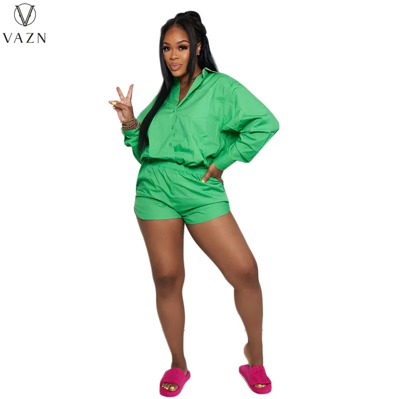 VAZN 2022 New Women Street Casual Style Sets Long Sleeve Lapel Single Breasted Shirt Elastic Short Pants Pure Color 2 Piece Set