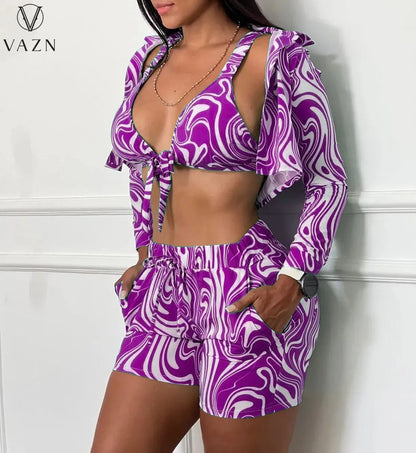 VAZN 2022 Fashion New Women Sexy Holiday Style Sets Deep V Short Top Elastic Short Pants Long Sleeve Outwear 3 Piece Sets