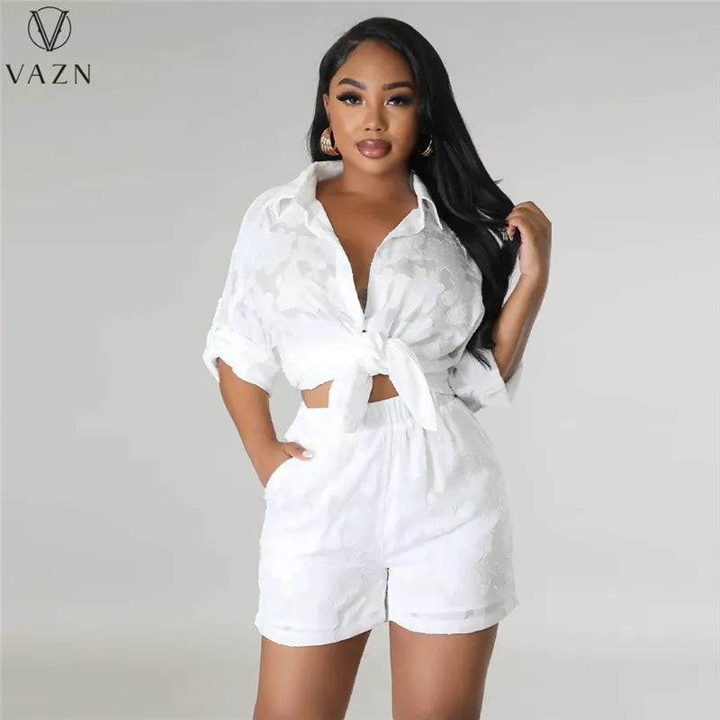 VAZN 2023 Street Casual Style Women Sets Long Sleeve Lapel Shirt Elastic Pockets Short Pants Lady Pure Color Lady Two Piece Set